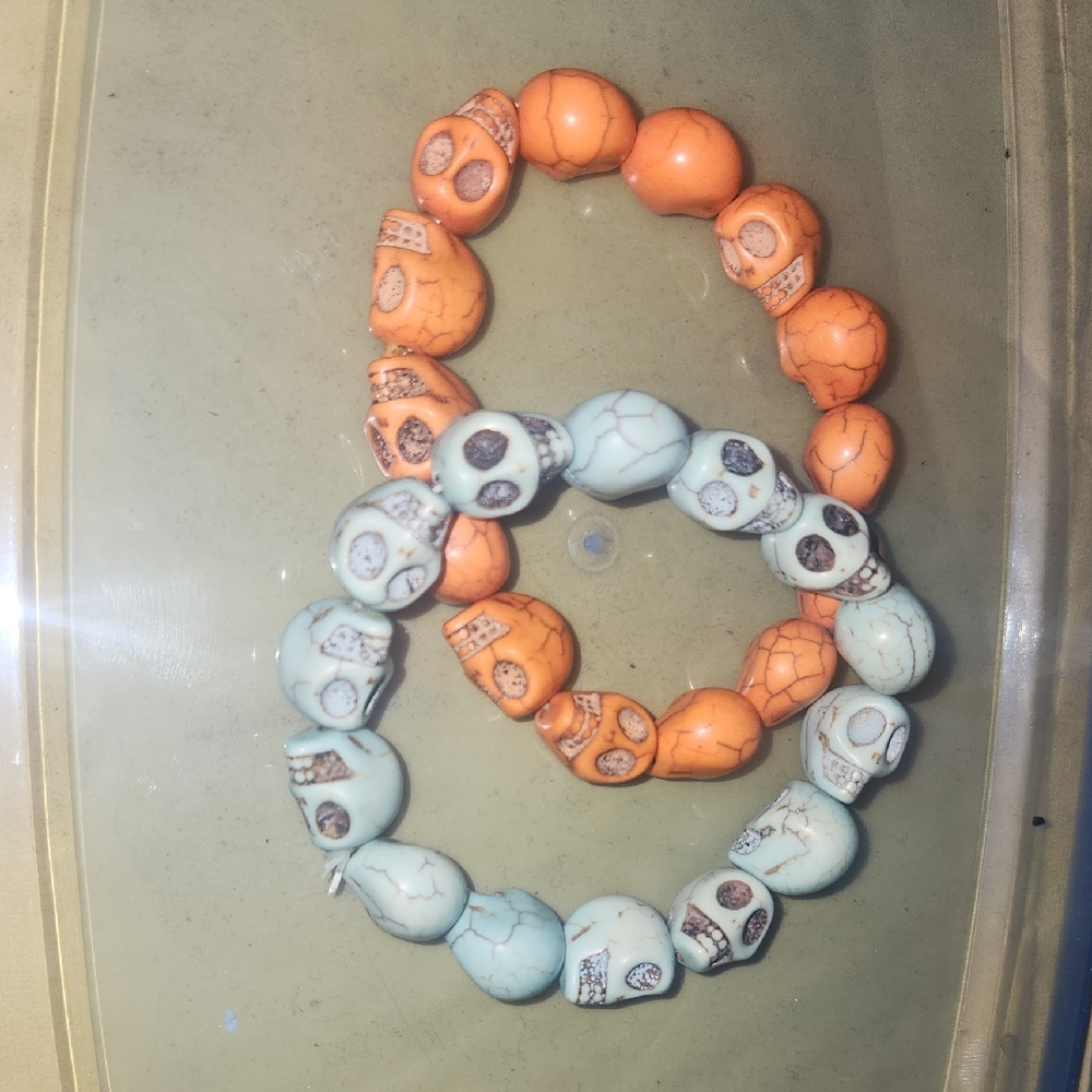 Skull Bead Bracelet Set - Orange and Blue